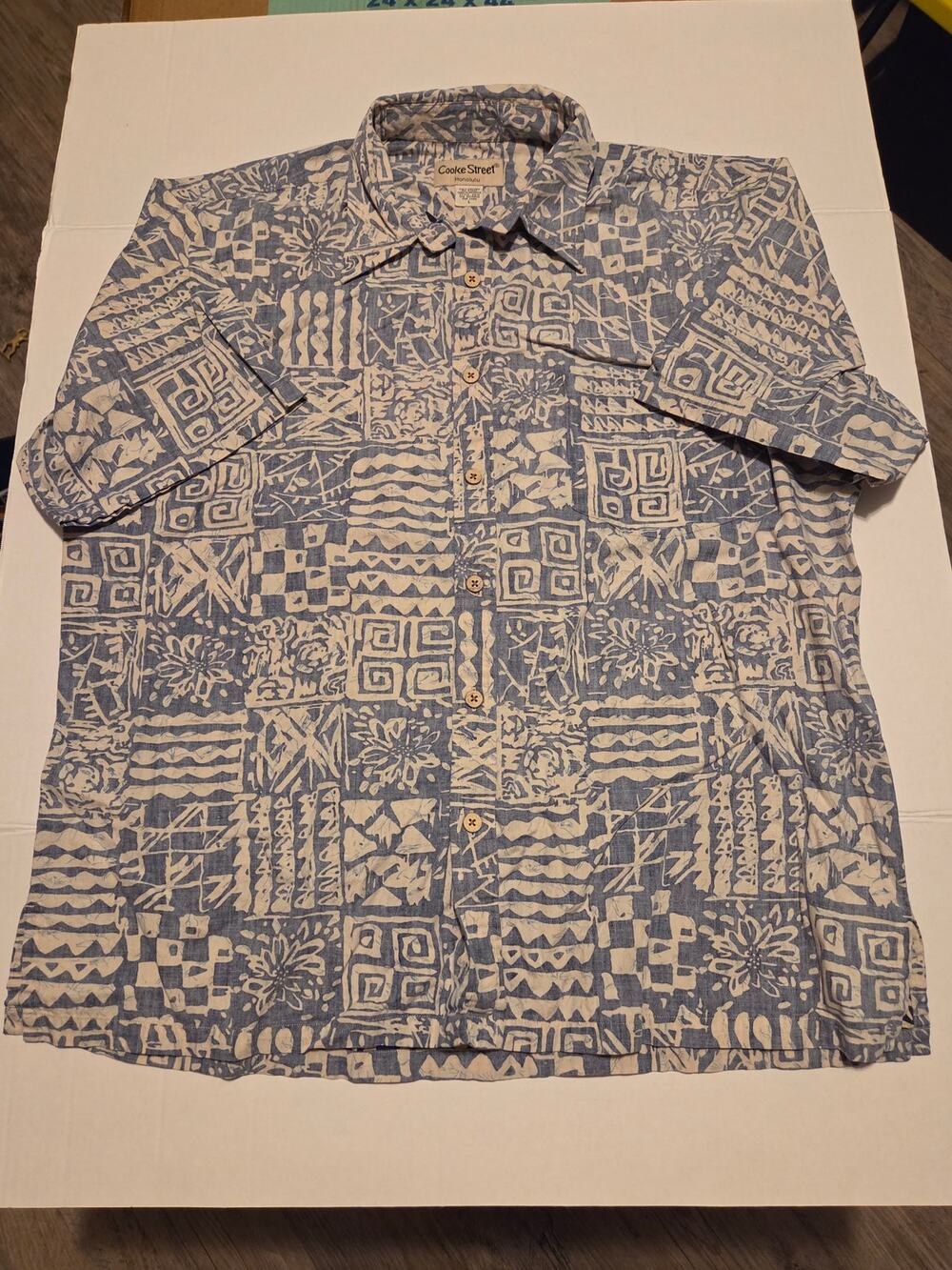 Cooke Street Honolulu Hawaiian Aloha Shirt Blue Beige Tribal Print Men's L